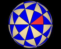Orbit of a fundamental spherical triangle (marked in red) under action of the full icosahedral group.