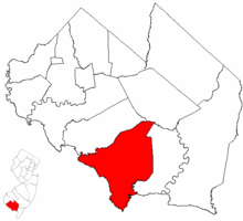Location of Downe Township in Cumberland County highlighted in red (right). Inset map: Location of Cumberland County in New Jersey highlighted in red (left).