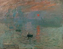 Monets Impression, soleil levant (1872). De naam van dit schilderij leidde via een omweg naar de naam van de stroming Impressionisme. Geëxposeerd op de eerste tentoonstelling.