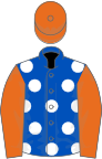 Royal blue, white spots, orange sleeves and cap