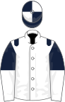 White, dark blue epaulets, dark blue and white halved sleeves, quartered cap