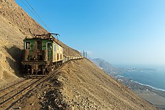 第三名: High above Tocopilla, Chile, one of SQMs Boxcabs coasts downhill to the Reverso switchback. Attribution: Kabelleger / David Gubler (CC BY-SA 4.0)