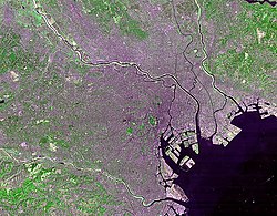 عکس ماهواره‌ای از توکیو که توسط ناسا گرفته شده‌است. رود تاما در جنوب و آراکاوا در شمال تصویر قرار گرفته‌است. فلات موساشینو در قسمت غرب و مابین این دو رود قرار دارد.