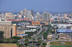 'n Uitsig oor Durban se binnestad, soos gesien vanaf die Moses Mabhidastadion