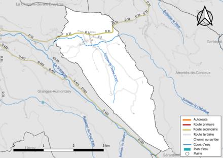 Carte en couleur présentant le réseau hydrographique de la commune