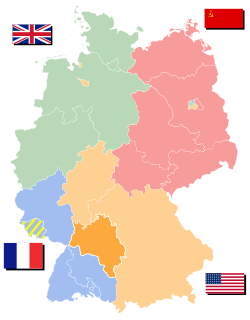 Württemberg-Baden (orange tua) dengan zona pendudukan AS di Jerman (terang orange).