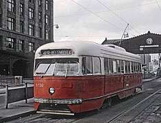 PAAC PCC 1431, A -49 BELTZHOOVER car at the P&LE transfer near the Smithfield St. bridge in Pittsburgh, PA September 1, 1965 (26254395053).jpg