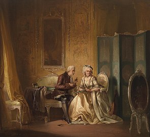 Pancraz Körle: Ein junger Mann schneidet die Silhouette einer Dame (neobarockes Gemälde von 1857)