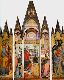 Giovanni di Paolo, Narodenie Panny Márie, tempera na paneli, 1381, dnes Pinacoteca Nazionale, Siena.