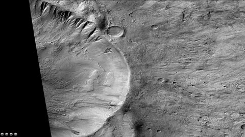 Gullies in crater on the rim of Slipher. This is an enlargement of the previous image.