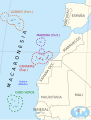 Expansión castellana y portuguesa por el Atlántico (de norte a sur: Azores [1431], Madeira [1418], Canarias [desde 1402] y Cabo Verde [1462]).