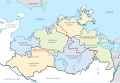 Districts of Mecklenburg-Vorpommern since the 2011 reforms, featuring the border of the historical regions "Mecklenburg" and "Pomerania"