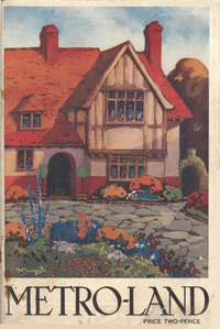 Una pintura de una casa con entramado de madera situada detrás de una entrada y un jardín de flores. Debajo del cuadro aparece el título «METRO-LAND» en mayúsculas y en texto más pequeño el precio de dos peniques.