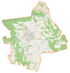 Mapa konturowa gminy Nowy Tomyśl, blisko górnej krawiędzi nieco na prawo znajduje się punkt z opisem „Mała Lipka”