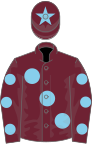 Claret, large sky blue spots, spots on sleeves, star on cap