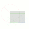 幾何学的に或る長方形（灰色）からその長辺または短辺の全長を使い切った黄金長方形を切り取る方法の一例。青枠または緑枠で示される長方形が黄金長方形となっている。