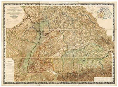 Wall map of Southwestern Germany 1875