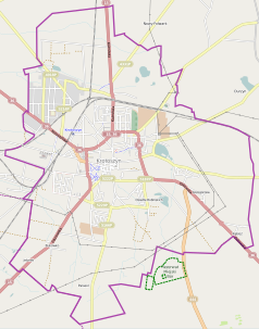 Mapa konturowa Krotoszyna, po prawej nieco na dole znajduje się punkt z opisem „Dino Polska S.A.”