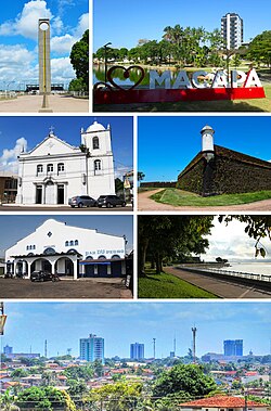 From the top, clockwise: Marco Zero of Ecuador; Floriano Peixoto Square; Main Church of São José de Macapá; Fortress of São José de Macapá; Trapiche Eliezer Levy and Central Market; Rim of Macapá; city center view.