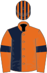 Orange and dark blue (halved), orange sleeves, blue armlets, striped cap