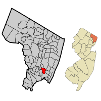 Location of Ridgefield Park in Bergen County highlighted in red (left). Inset map: Location of Bergen County in New Jersey highlighted in orange (right).