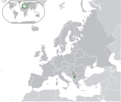 Location of Kosovo (dark green) - Serbia (darker grey) on the European continent (green + dark grey)