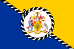 A yellow and blue flag divided diagonally, with a seal in the center.