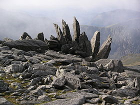 Kivimuodostelma Glyder Fawr -vuorella Conwyn ja Gwyneddin rajalla