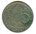 Anverso de moneda de 8 reales (plata) de Carlos III de 1773 resellada en la India danesa.