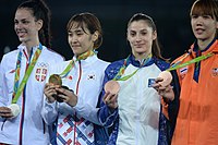 Siegerehrung im Taekwondo 2016: rechts Panipak Wongpattanakit mit Bronze. 2014 war sie Jugend-Olympiasiegerin