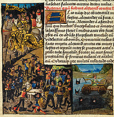 Flamska iluminacija prikazuje Aleksandra velikega zmago nad Darejem III.