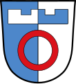 Gemeinde Nordendorf Gespalten von Blau und Silber, darin über einem roten Ring ein obengezinnter Balken in verwechselten Farben.