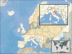 Lokasi  San Marino  (dibulatkan dalam sisipan) di Eropah  (putih)