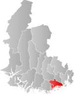 Mapa do condado de Vest-Agder com Søgne em destaque.