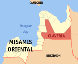 Map of Misamis Oriental with Claveria highlighted