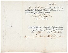 Aktie der Bank of Alexandria, ausgestellt am 5. Juli 1796 auf George Washington während seiner Amtszeit als erster Präsident der Vereinigten Staaten. Die 1792 gegründete Bank war die allererste staatlich konzessionierte Bank von Virginia überhaupt, wobei George Washington zu den Gründungsaktionären gehörte. Von den 25 Aktien, die sich in seinem Besitz befanden, ist nur das hier vorgestellte Exemplar bekannt.