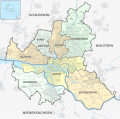 Hamburg: 7 Stadtbezirke (farbig) und 105 Stadtteile