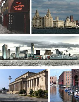 În sensul acelor de ceasornic din stânga sus: Cavern Club, Three Graces de la Pier Head (Liver Building, Cunard Building și Port of Liverpool Building), panorama districtului comercial al Liverpool, Albert Dock St George's Hall