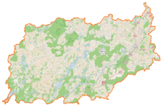 Mapa konturowa powiatu kartuskiego, blisko lewej krawiędzi na dole znajduje się punkt z opisem „Kołodzieje”