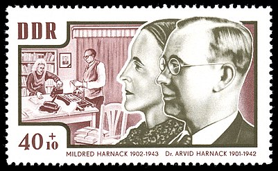 Commemorative stamp honouring Mildred Harnack and her husband Arvid issued by the Deutsche Post of the GDR in 1964