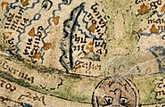 Detalle do mapa do salterio de Londres. A península ibérica aparece dividida entre Hispania e Galicia. Entre 1225 e 1265.