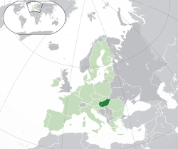 匈牙利的位置（深綠色） – 歐洲（綠色及深灰色） – 歐洲聯盟（綠色）  —  [圖例放大]