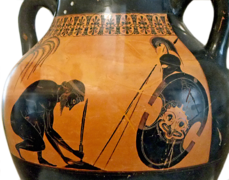 Suicidio de Áiax. Ánfora de Exekias con figuras negras. Atenas, arredor do 530. Boulogne-sur-Mer .