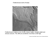 Fretted terrain in Deuteronilus Mensae and Ismenius Lacus quadrangle showing flat floored valleys and cliffs. Photo taken with Mars Orbiter Camera (MOC)on the Mars Global Surveyor.