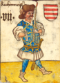 A Hofämterspiel (Bécsi Udvari Kártya) egyik magyar színű lapja (Felső-Rajnavidék vagy Ausztria, 1455 körül)
