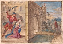 Gouache colorée montrant un personnage barbu tentant d'égorger une jeune femme à l'intérieur d'un château, alors que se pressent des cavaliers à l'extérieur.