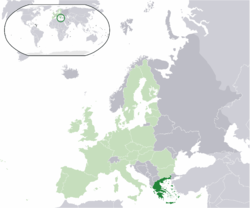 Location of  ഗ്രീസ്  (dark green) – on the European continent  (light green & dark grey) – in the European Union  (light green)  —  [Legend]