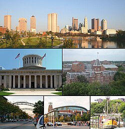 Images, from top left to right: Downtown Columbus, Ohio Statehouse Capitol Square, University Hall, Short North, Nationwide Arena, Santa Maria replica