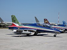 Un MB339-A dipinto con i colori delle Frecce Tricolori. Sulla coda campeggia lo stemma della 10ª Squadriglia da bombardamento "Caproni", aggiunto in occasione del centenario dell'Aeronautica Militare