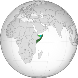 Area controlled by Somalia shown in dark green; claimed but uncontrolled Somaliland⁠ (a self-declared but unrecognized state) shown in light green. n.b., zones of control are approximate at this time.को स्थान